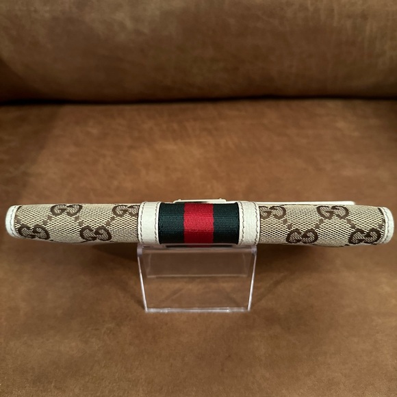 Gucci Ivory Leather/Canvas Monogram with Sherry Line Bifold Long Wallet - Picture 11 of 16
